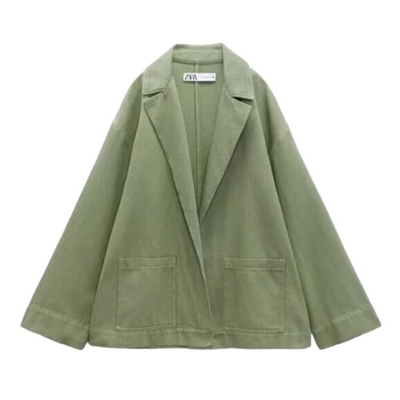 Zara Shacket Womens Size Medium Sage Green Denim Wide Arm Sleeve 100% Cotton - Picture 4 of 15